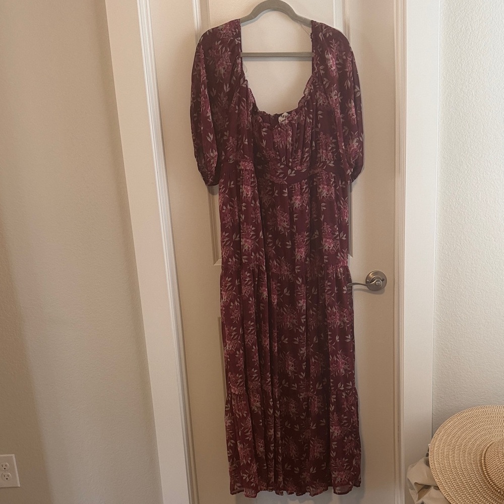 ARULA Wine Floral Long Sleeve Maxi Dress